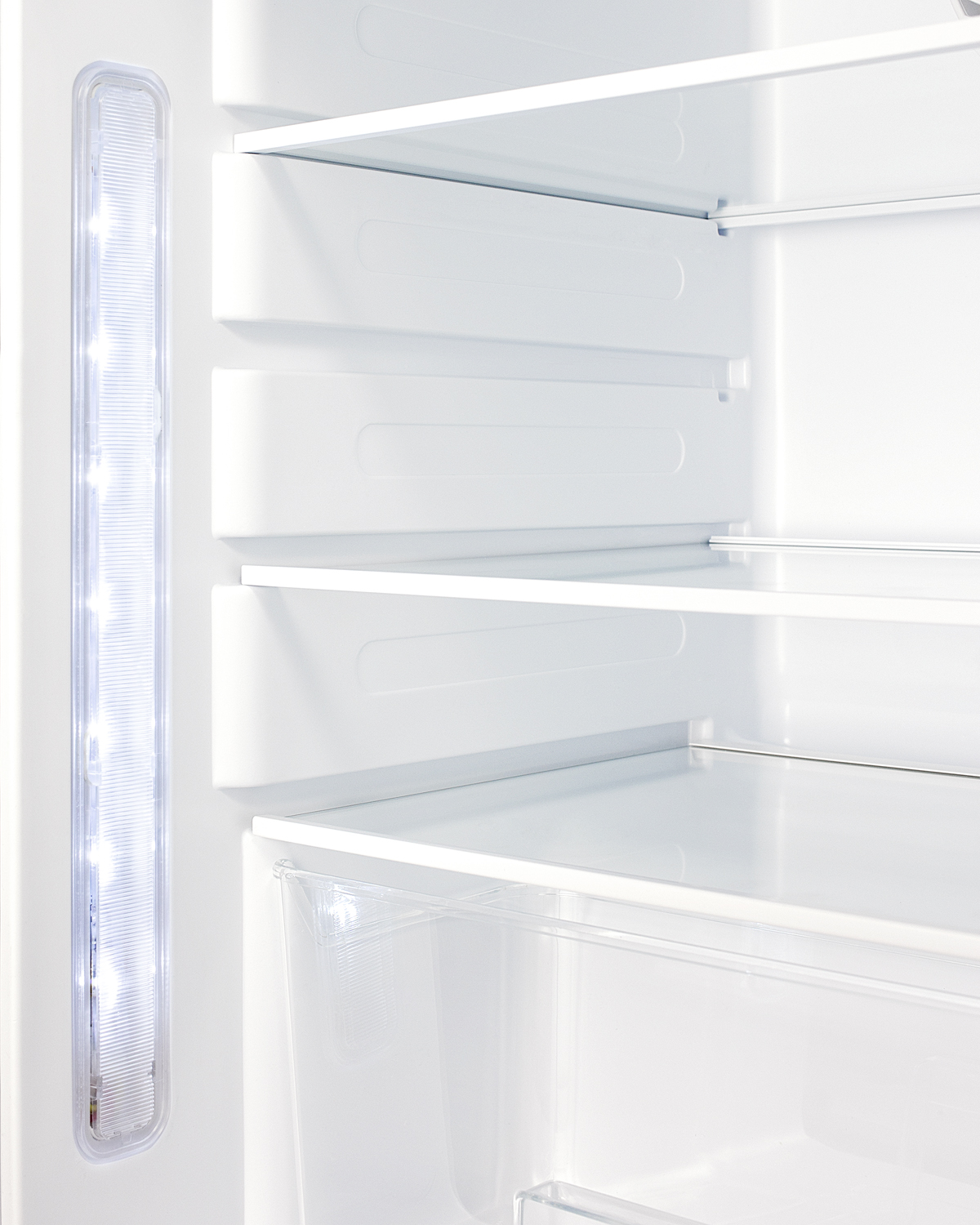 Built-in undercounter ADA compliant residential all-refrigerator with SS cabinet and door and vertical handle with door storage and automatic defrost operation